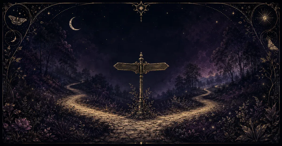 An illustrated moonlit path dividing at an antique signpost
