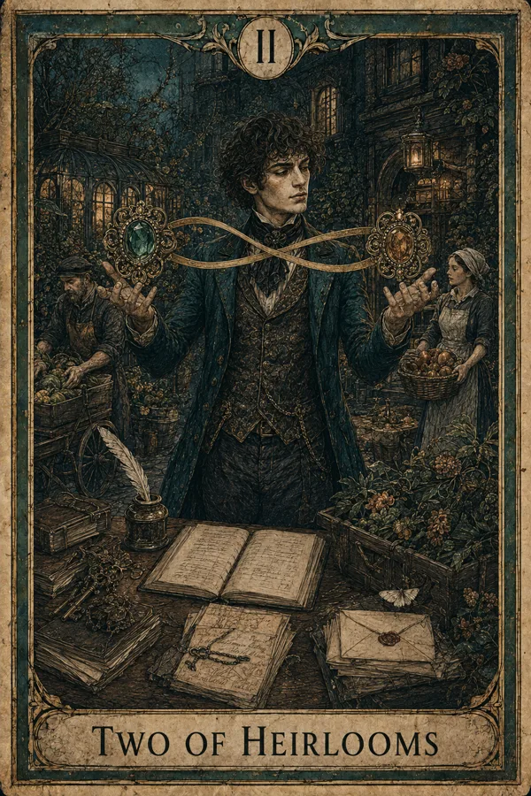 Two of Heirlooms, representing Two of Pentacles