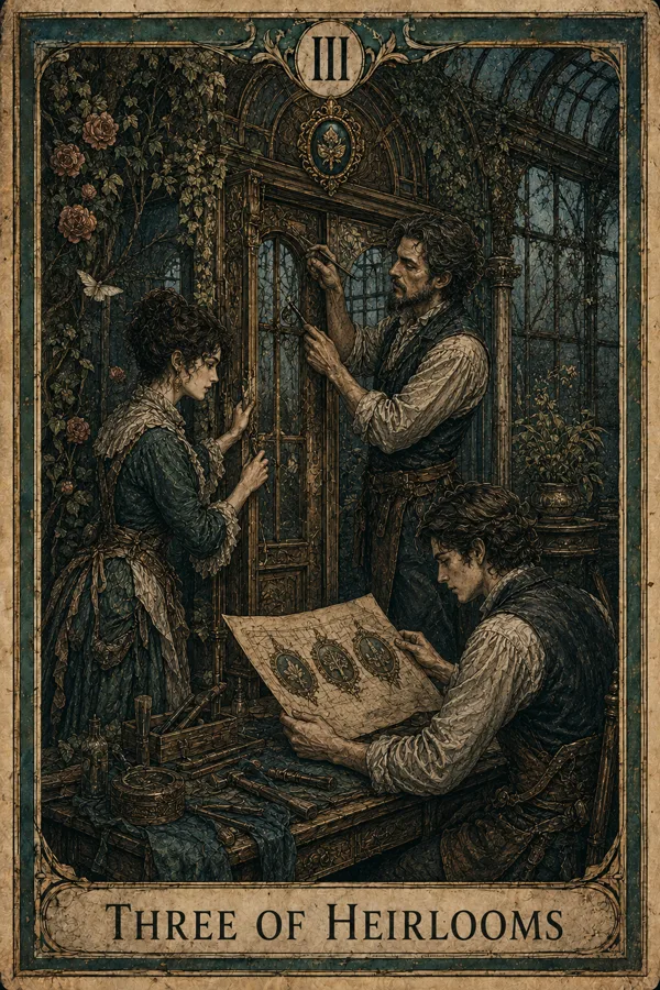 Three of Heirlooms, representing Three of Pentacles