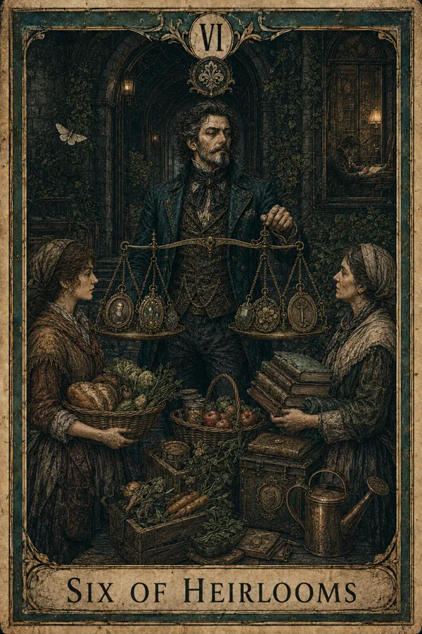 Six of Heirlooms, representing Six of Pentacles