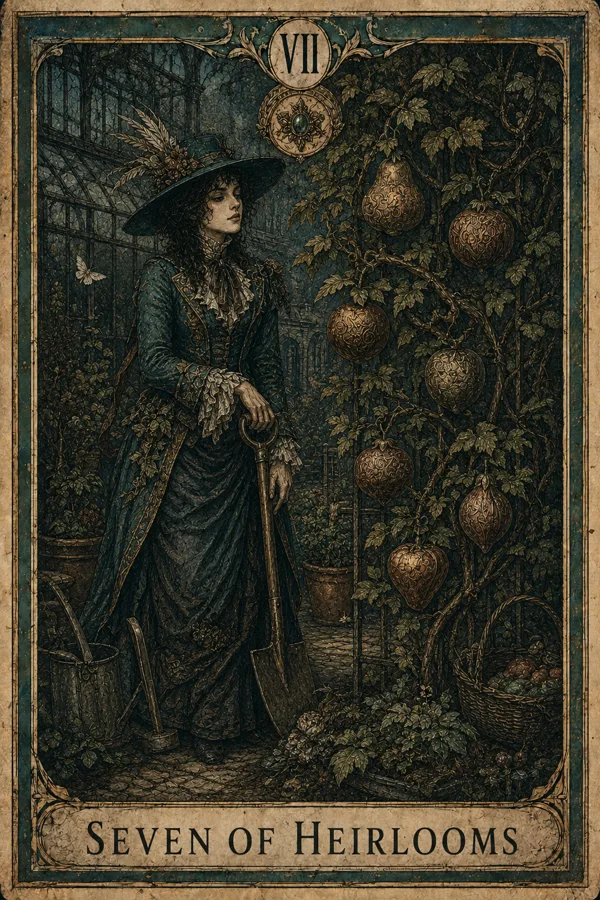 Seven of Heirlooms, representing Seven of Pentacles
