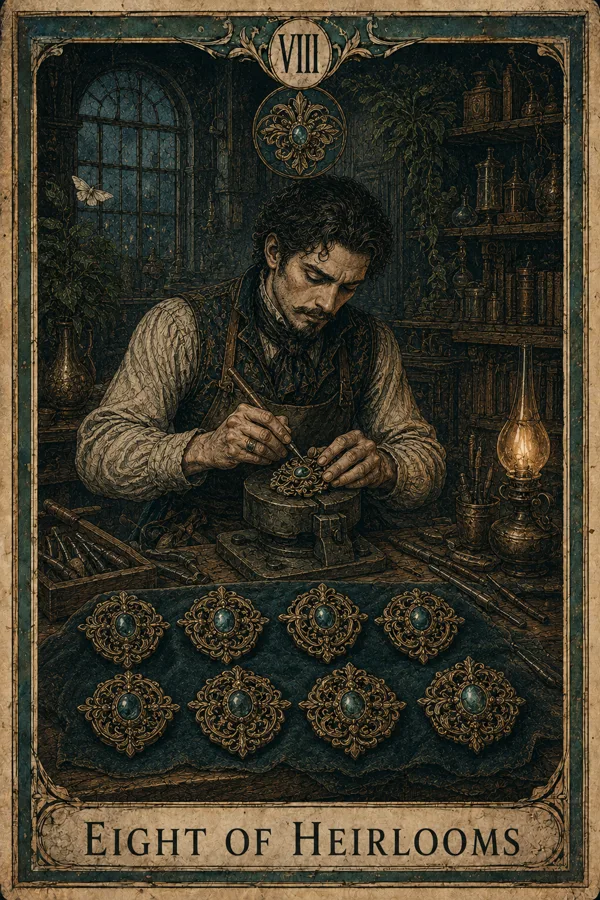 Eight of Heirlooms, representing Eight of Pentacles