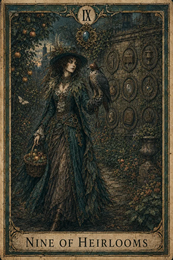 Nine of Heirlooms, representing Nine of Pentacles