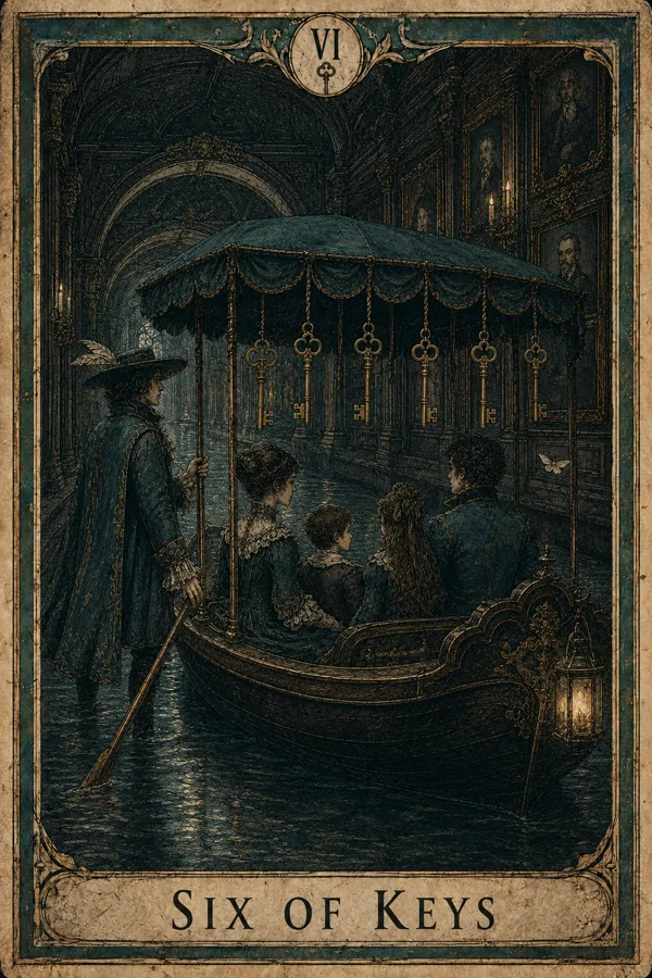 Six of Keys, representing Six of Swords