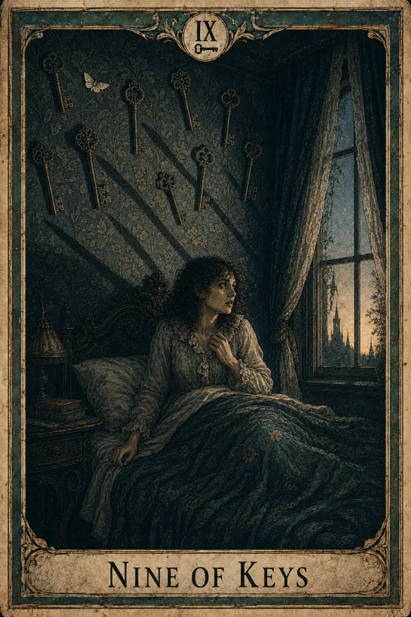 Nine of Keys, representing Nine of Swords
