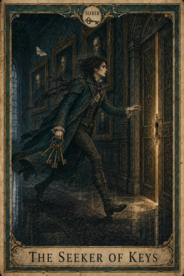The Seeker of Keys, representing Knight of Swords