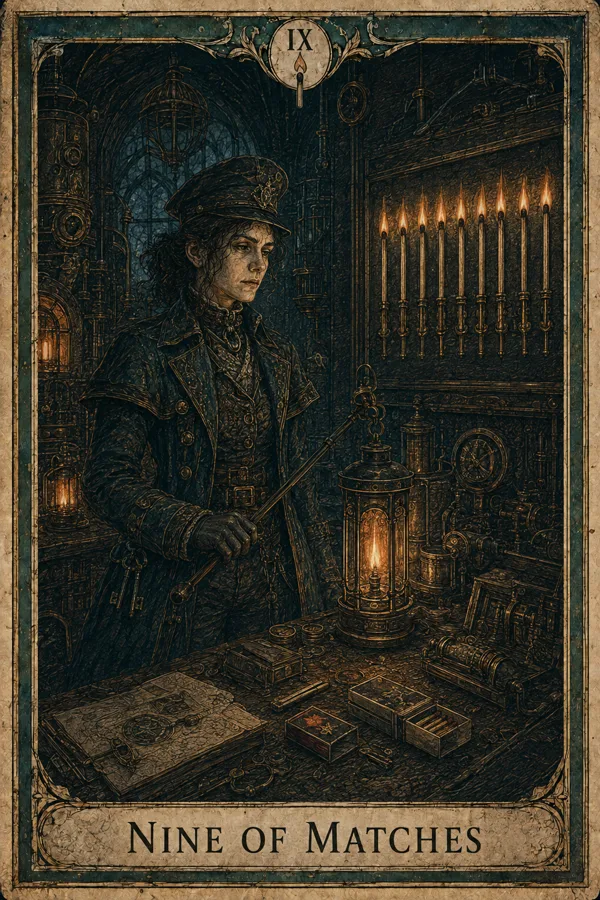 Nine of Matches, representing Nine of Wands
