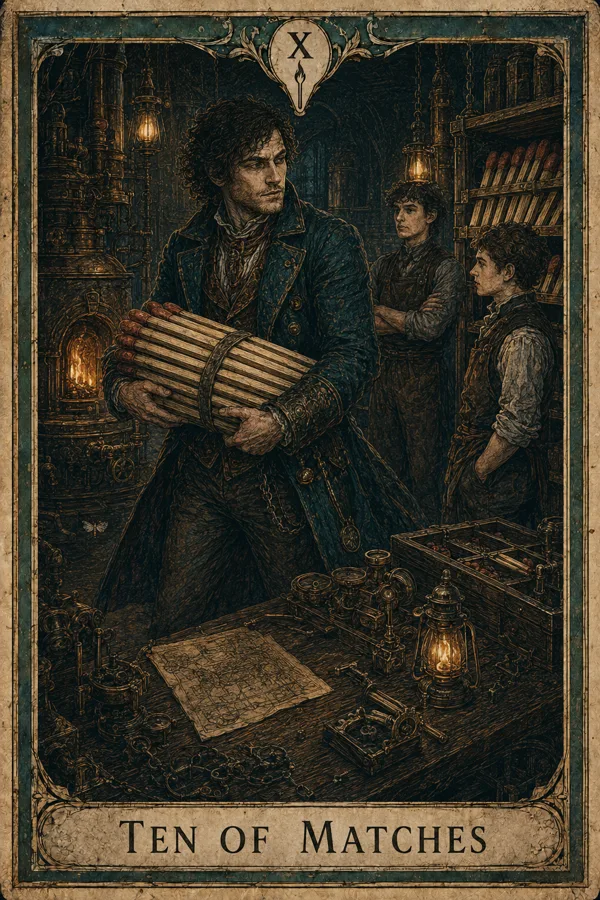Ten of Matches, representing Ten of Wands