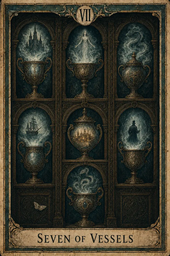 Seven of Vessels, representing Seven of Cups