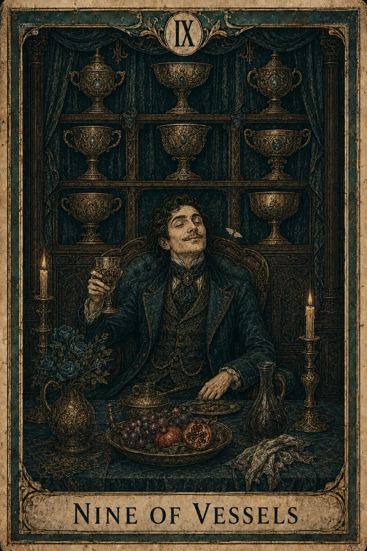 Nine of Vessels, representing Nine of Cups